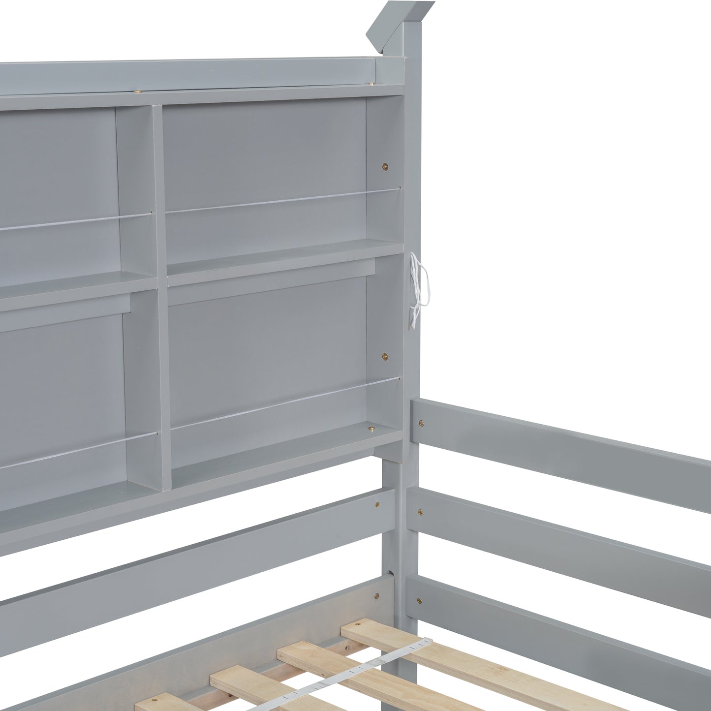 Twin House Loft Bed with Guardrails, Semi-enclosed Roof, Bedside Shelves and Ladder, Grey