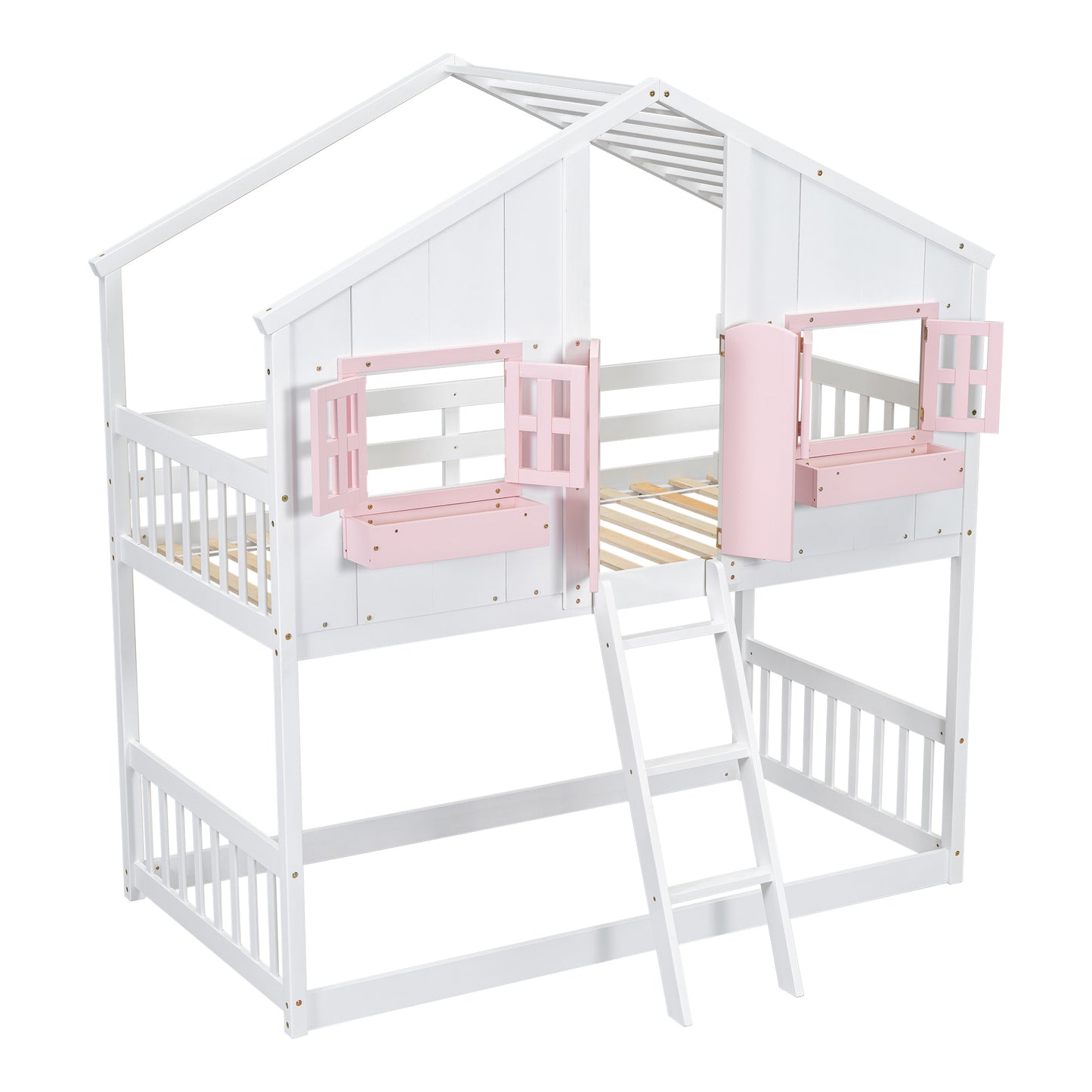 Twin over Twin House Bunk Bed with Roof , Window, Window  Box, Door , with Safety Guardrails and Ladder, Pink/White