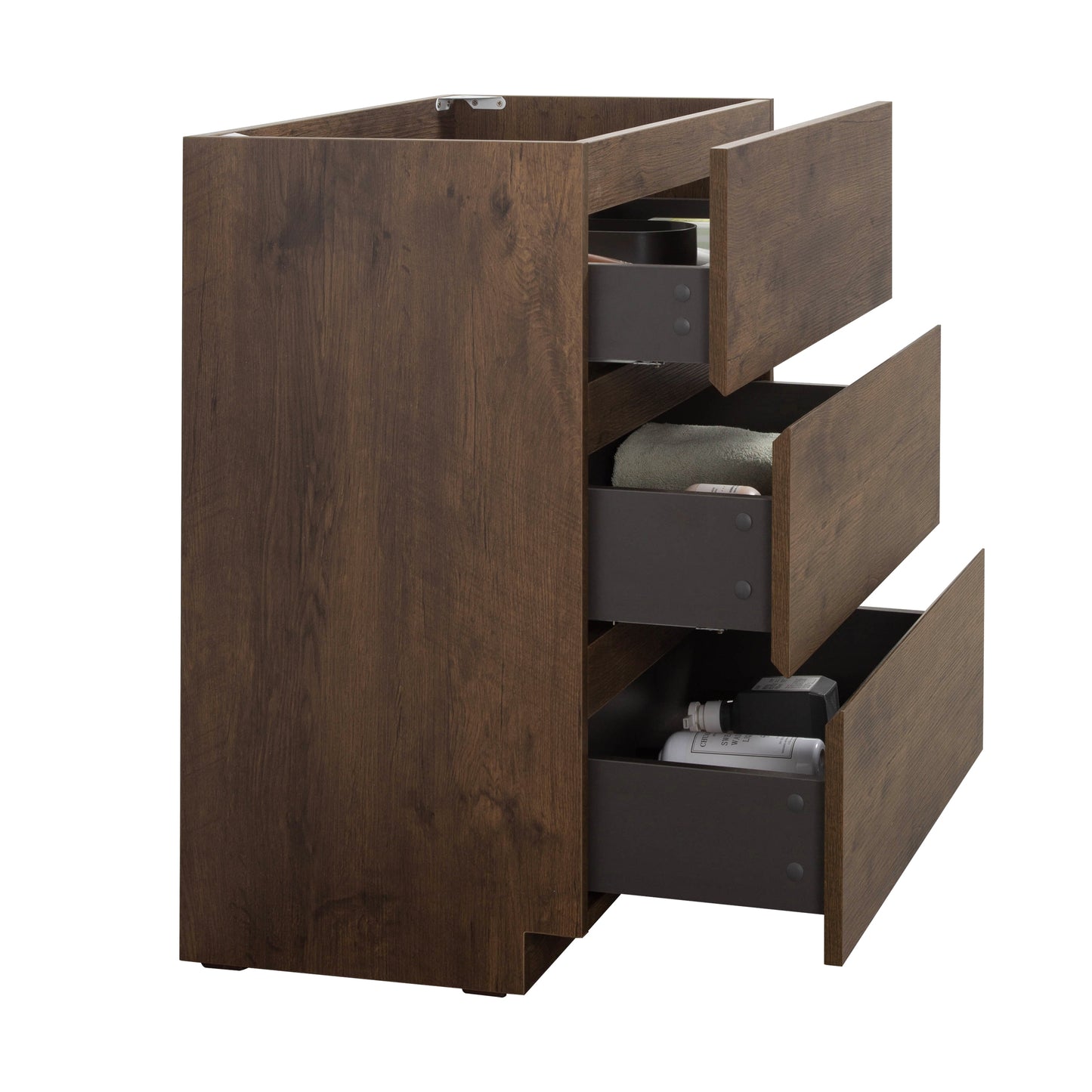 Alice-24F-105,Floor cabinet WITHOUT basin, Walnut color, With three drawers, Pre-assembled