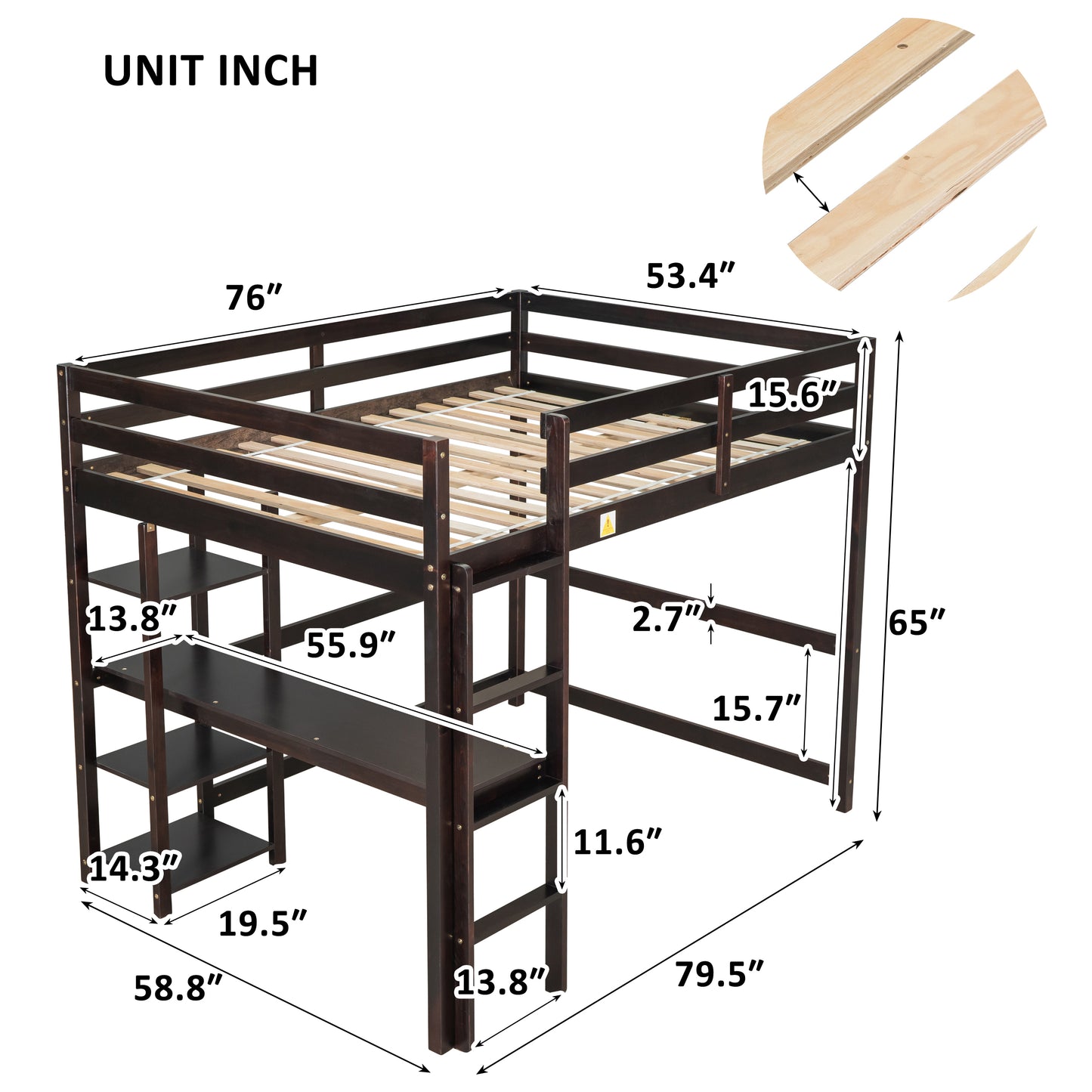 Full Loft Bed with Desk and Shelves,Espresso