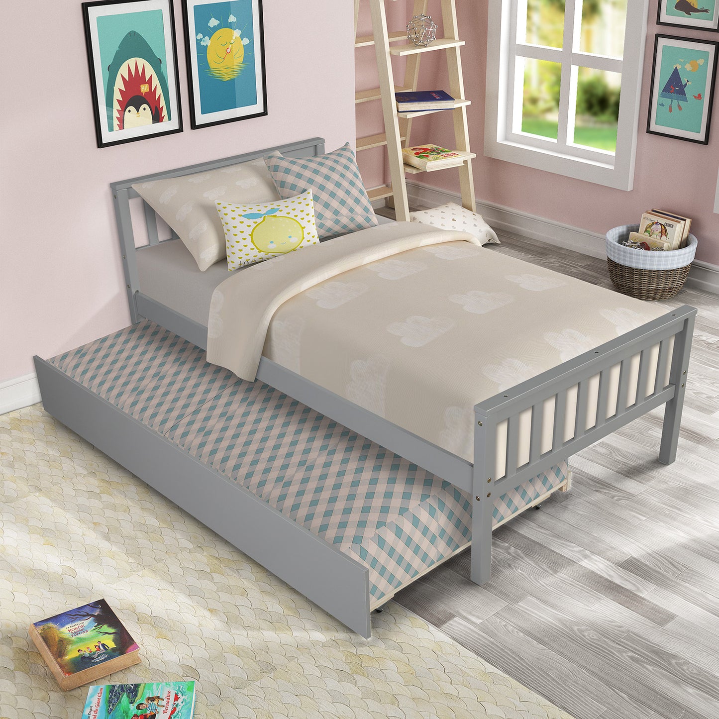 Twin Bed with Trundle, Platform Bed Frame with Headboard and Footboard, for Bedroom Small Living Space,No Box Spring Needed,Grey(Old SKU:W50422210)