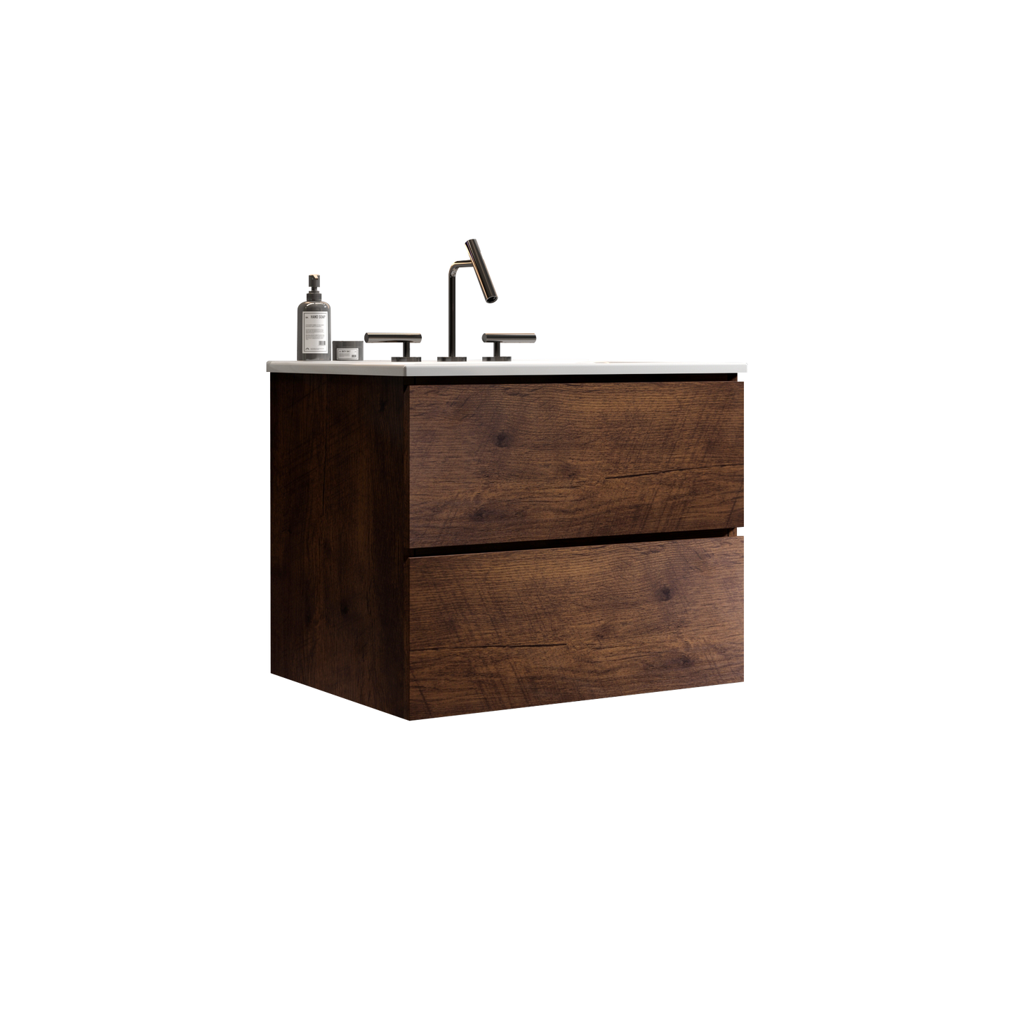 Wall Mount 24" Walnut Bathroom Vanity with Ceramic Sink with three faucet holes, Large Storage Floating Bathroom Vanity for Modern Bathroom, One-Piece Sink Basin without Drain, Pre-assembled