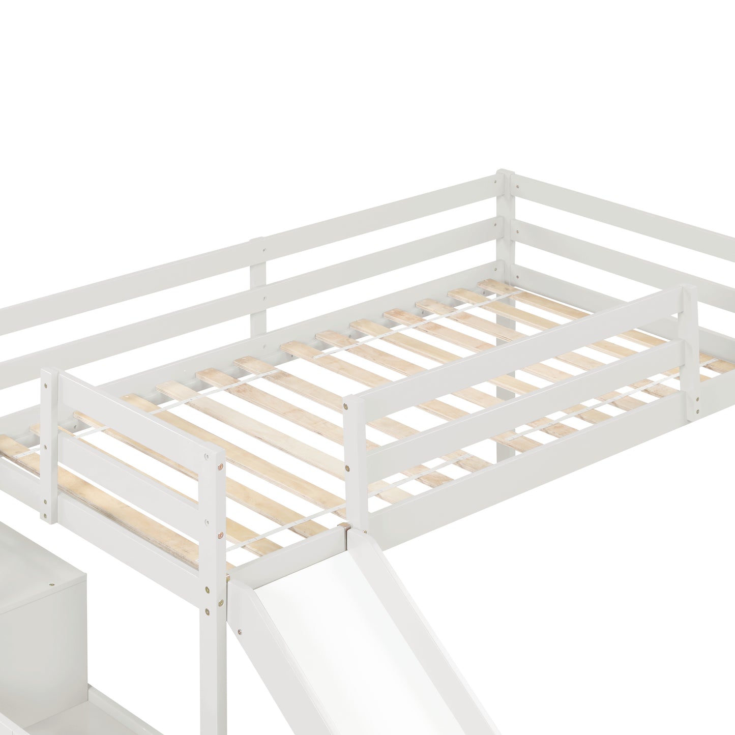 Loft Bed with Staircase, Storage, Slide, Twin size, Full-length Safety Guardrails, No Box Spring Needed, White (Old Sku:W504S00004)