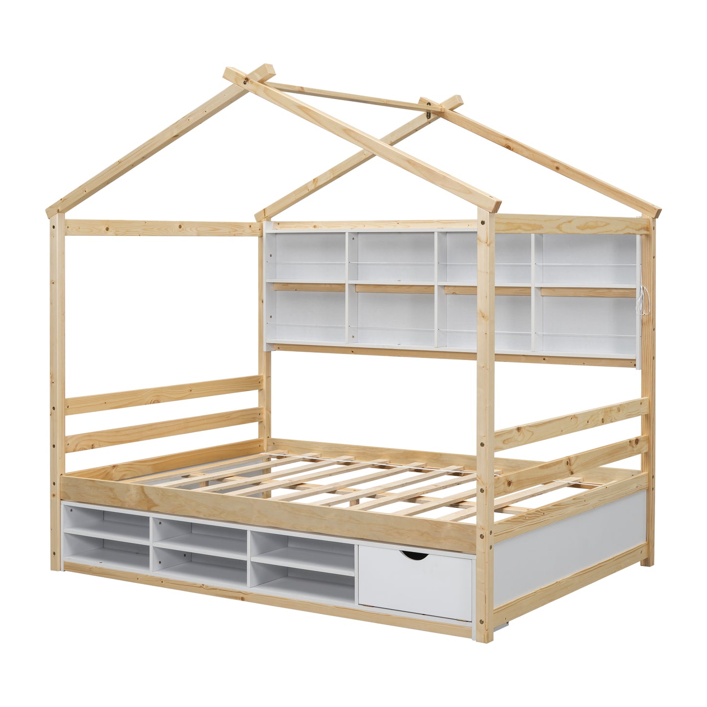 Full House Bed with Roof Frame, Bedside-shelves, Under Bed Storage Unit,Natural