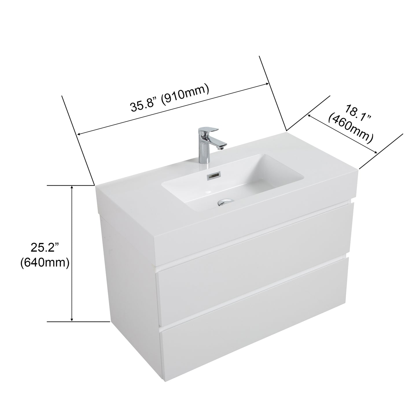 BB02-36-101, Integrated solid surface basin WITHOUT drain and faucet, glossy white color