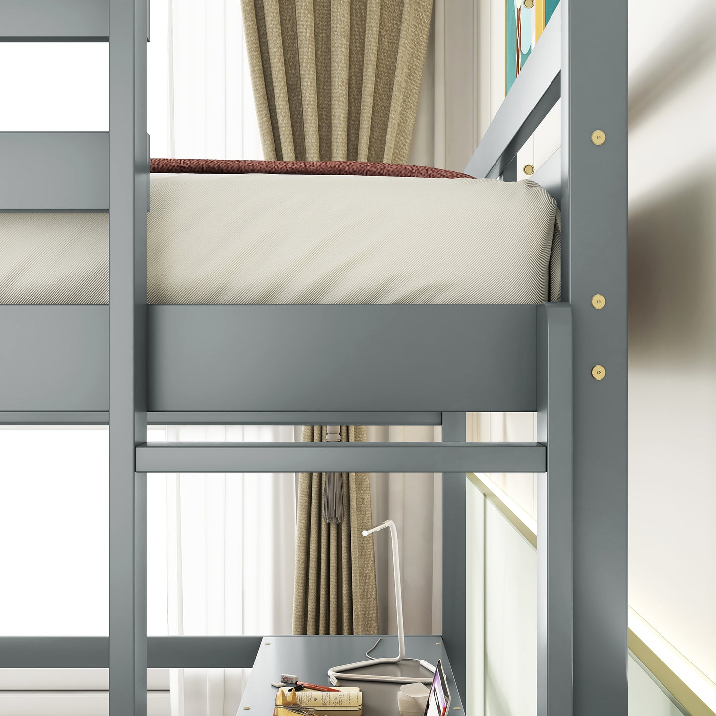 Full Loft Bed with Built-in Desk, Ladder Platform, Ladders, Guardrails,Grey