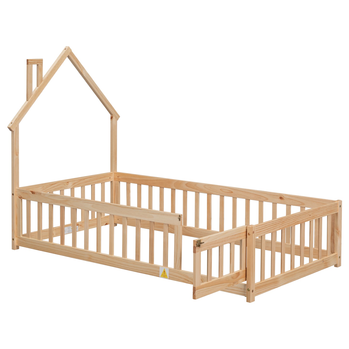 Twin House-Shaped Headboard Floor Bed with Fence
,Natural