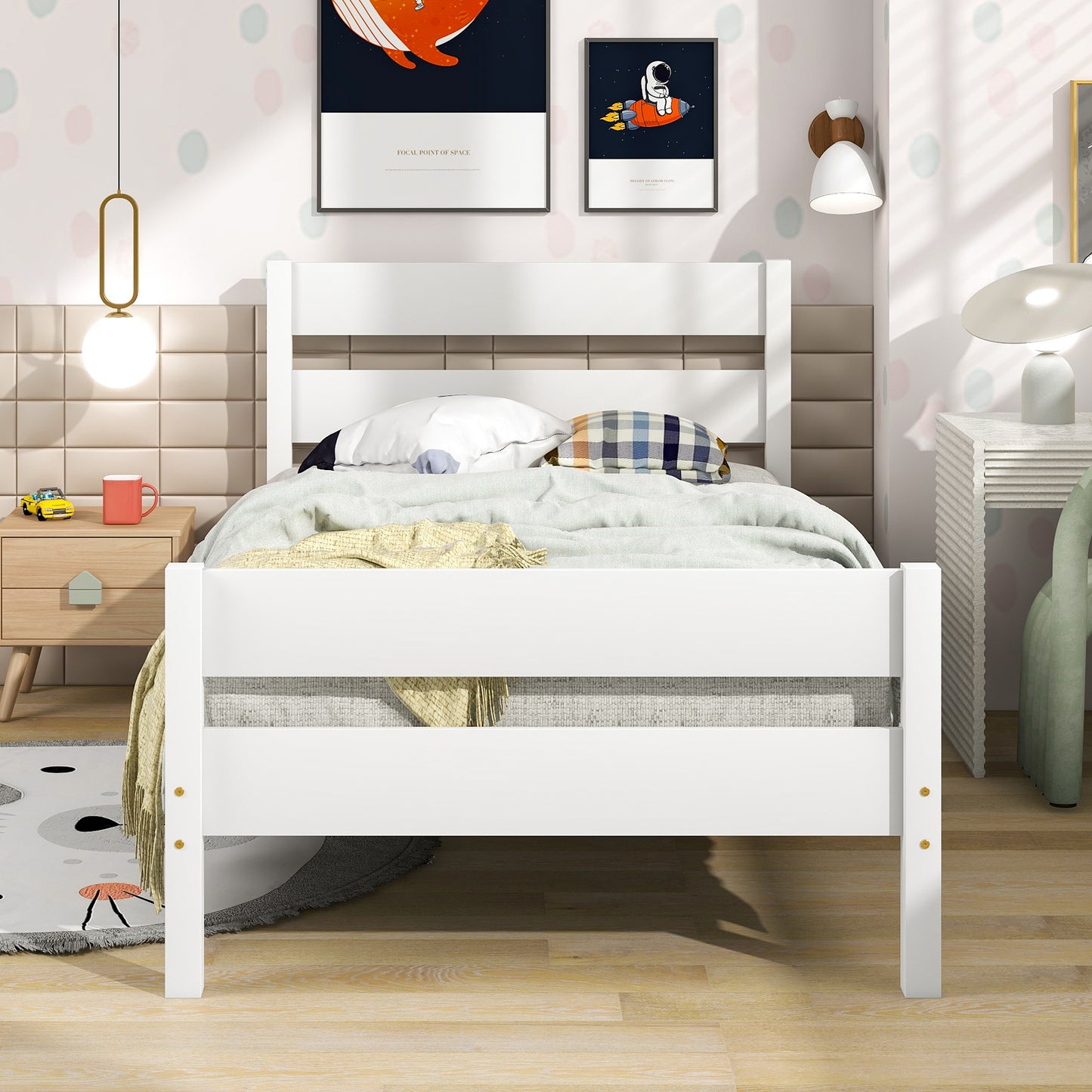 Twin Bed with Headboard and Footboard,White