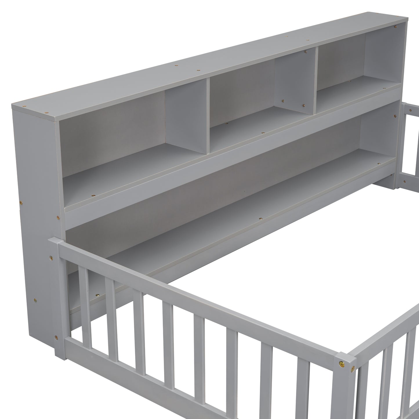 Twin Floor Bed with  Bedside Bookcase,Shelves,Guardrails,Grey