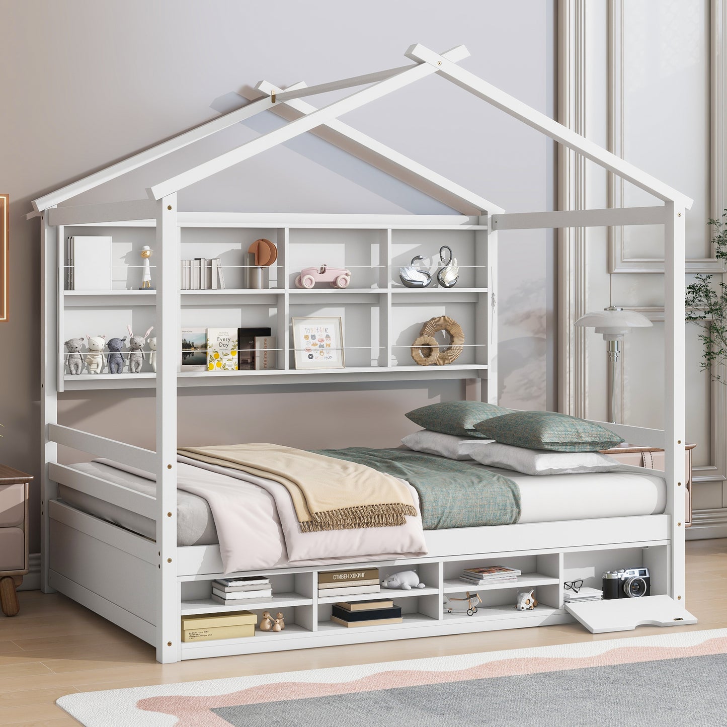 Full House Bed with Roof Frame, Bedside-shelves, Under Bed Storage Unit,White