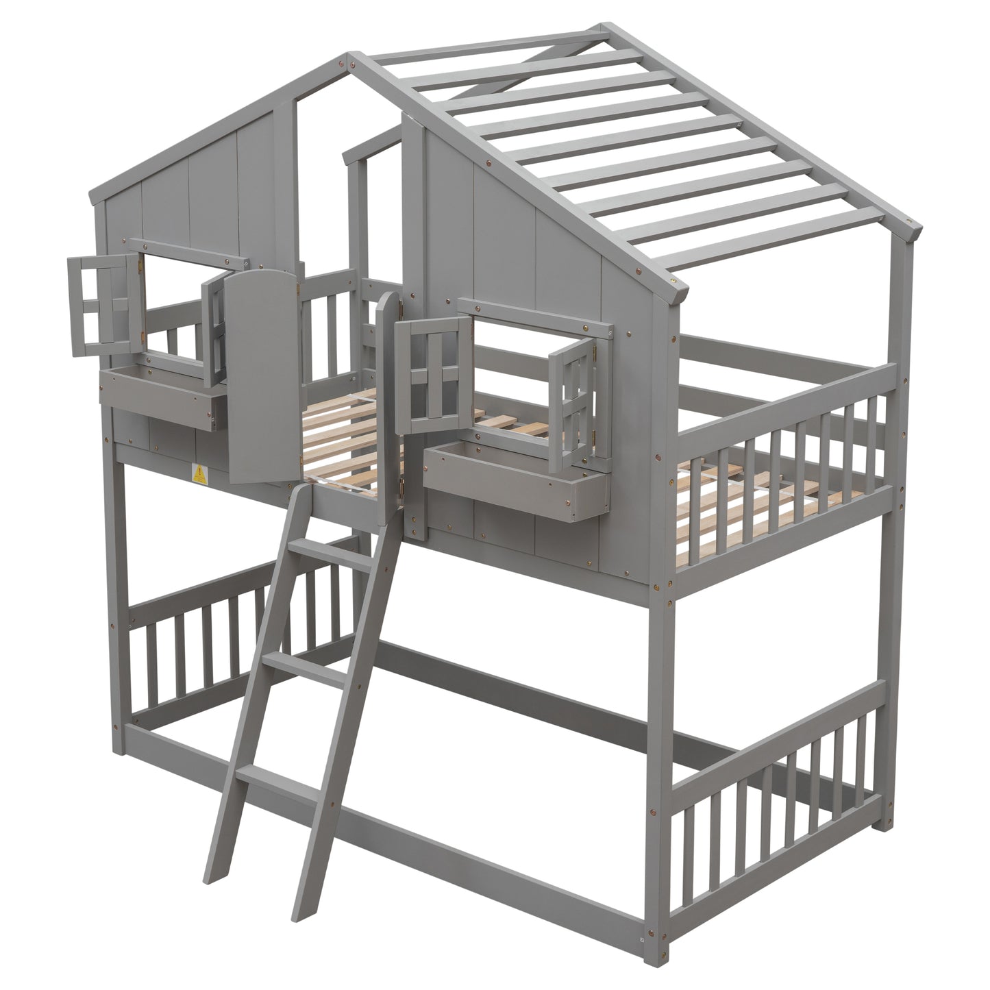 Twin over Twin House Bunk Bed with Roof , Window, Window  Box, Door , with Safety Guardrails and Ladder, Grey