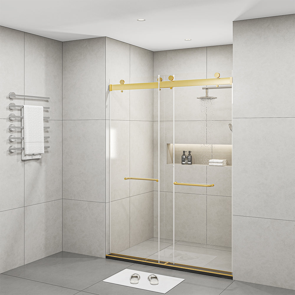 Frameless Sliding Glass Shower Doors 60" Width x 76"Height with 3/8"(10mm) Clear Tempered Glass, Brushed Gold