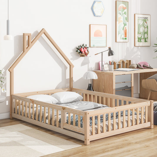 Full House-Shaped Headboard Floor Bed with Fence,Natural