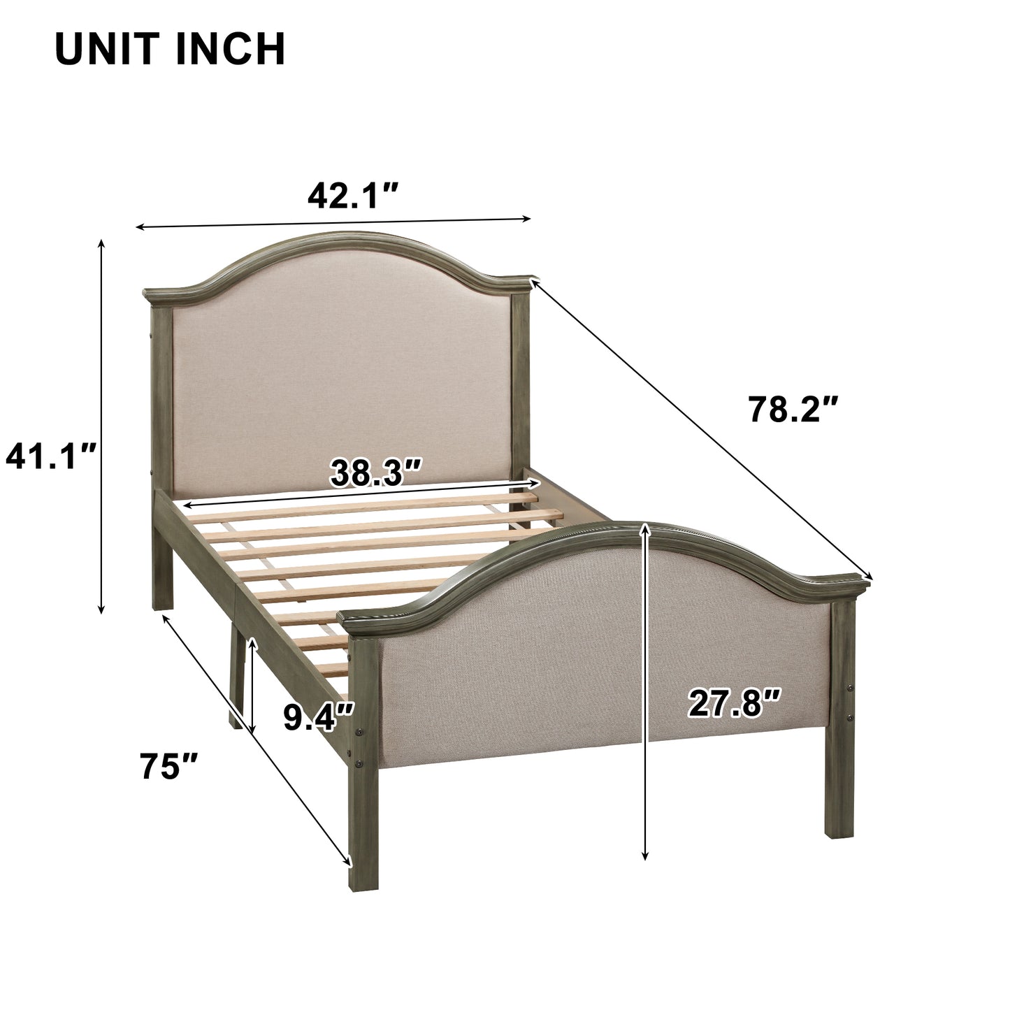 Twin Bed with Upholstered Headboard and Footboard, with Slats,Grey