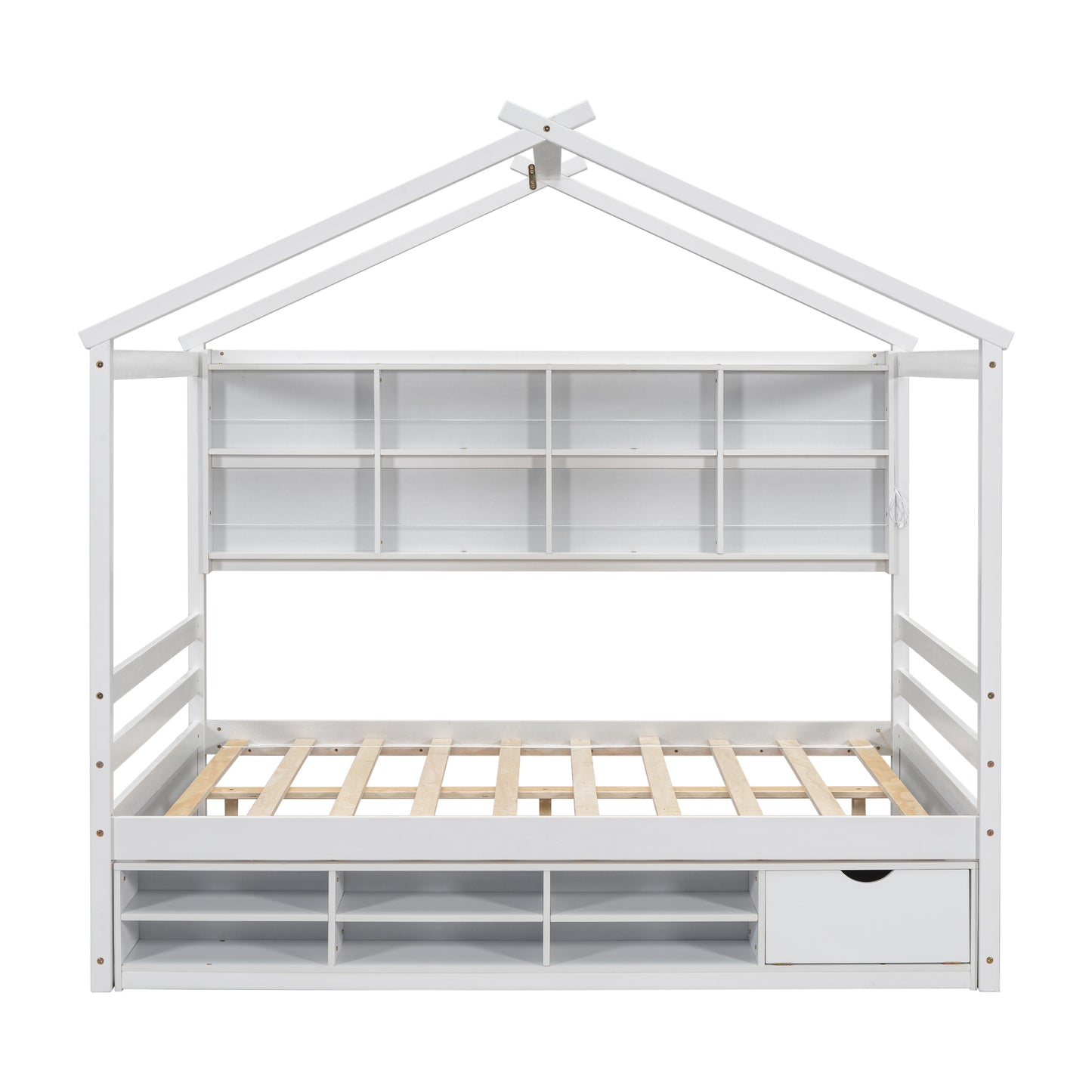 Full House Bed with Roof Frame, Bedside-shelves, Under Bed Storage Unit,White