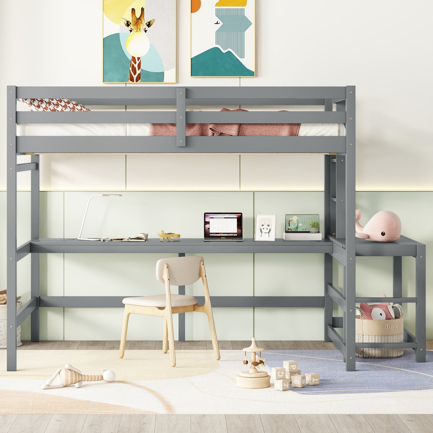 Full Loft Bed with Built-in Desk, Ladder Platform, Ladders, Guardrails,Grey