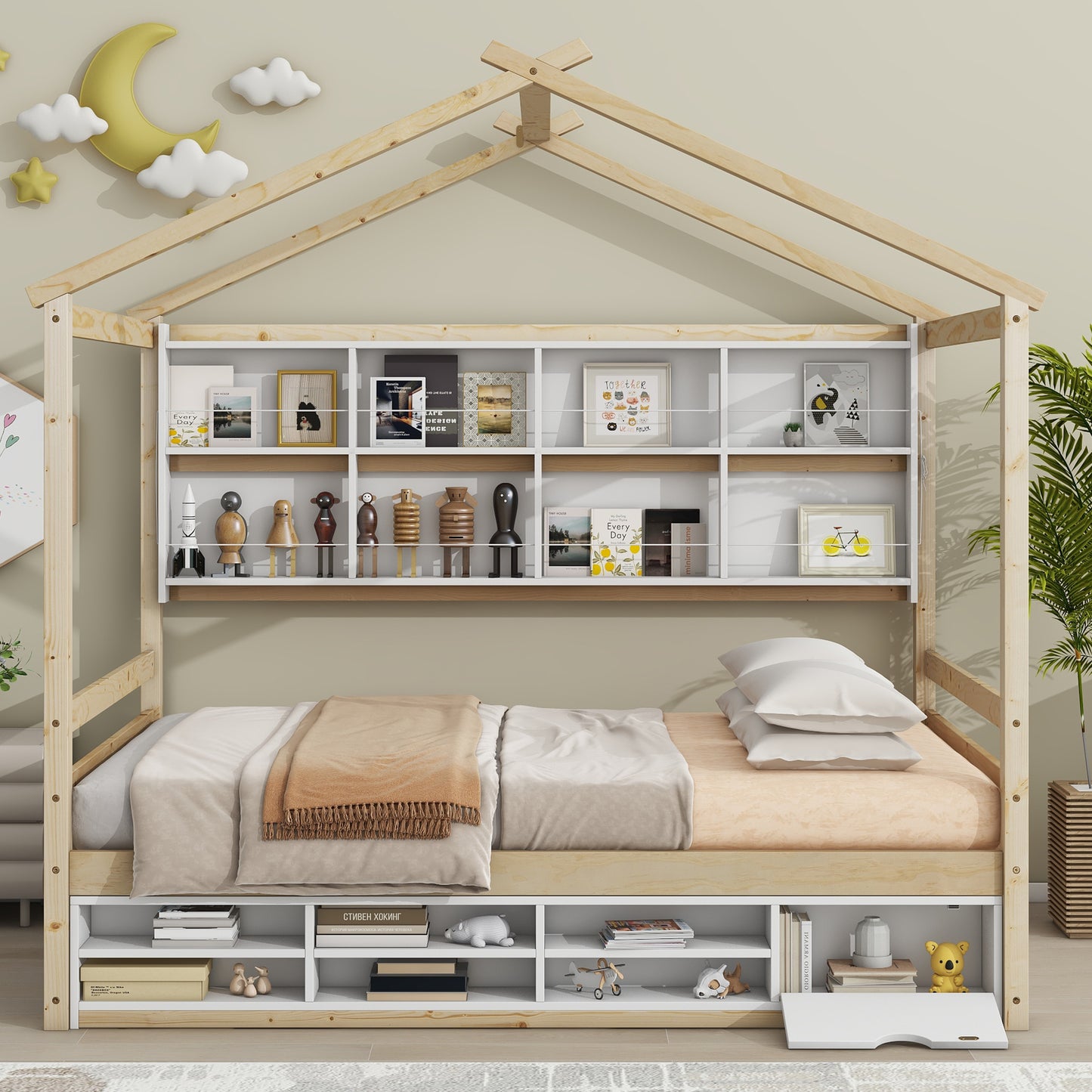 Full House Bed with Roof Frame, Bedside-shelves, Under Bed Storage Unit,Natural