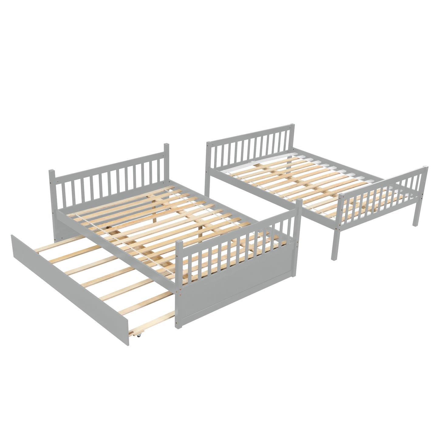 Full Over Full Bunk Bed with Trundle, Convertible to 2 Full Size Platform Bed, Full Size Bunk Bed with Ladder and Safety Rails for Kids, Teens, Adults,Grey (Old Sku:W504S00003)