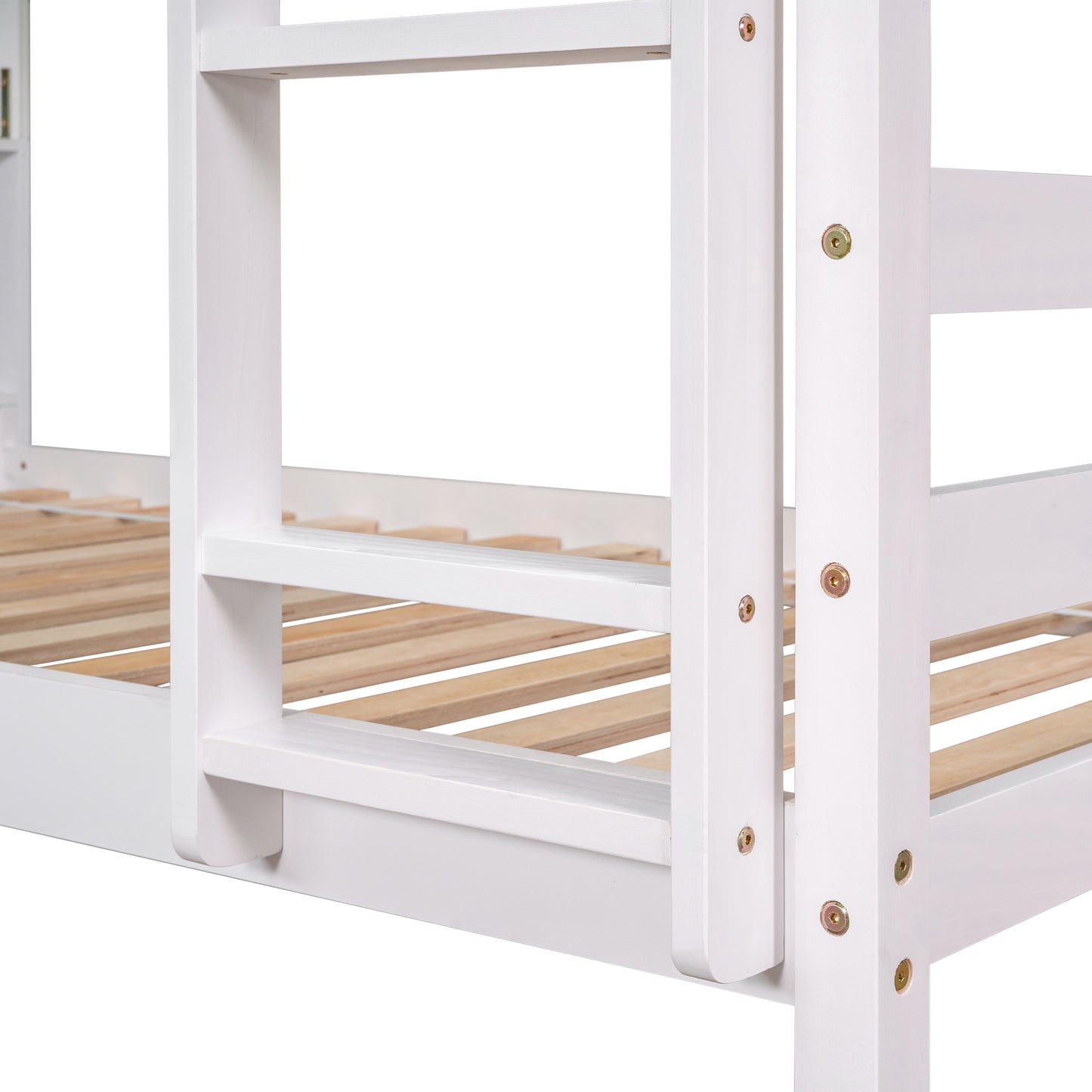 Twin Over Twin Bunk Beds with Bookcase Headboard, Solid Wood Bed Frame with Safety Rail and Ladder, Kids/Teens Bedroom, Guest Room Furniture, Can Be converted into 2 Beds, White