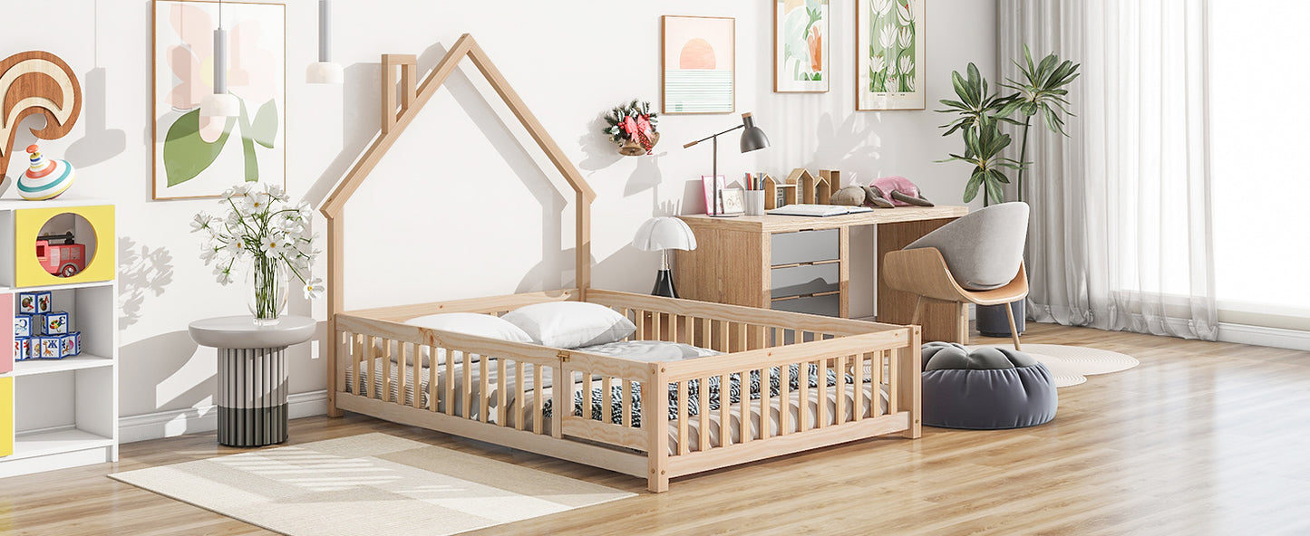 Full House-Shaped Headboard Floor Bed with Fence,Natural