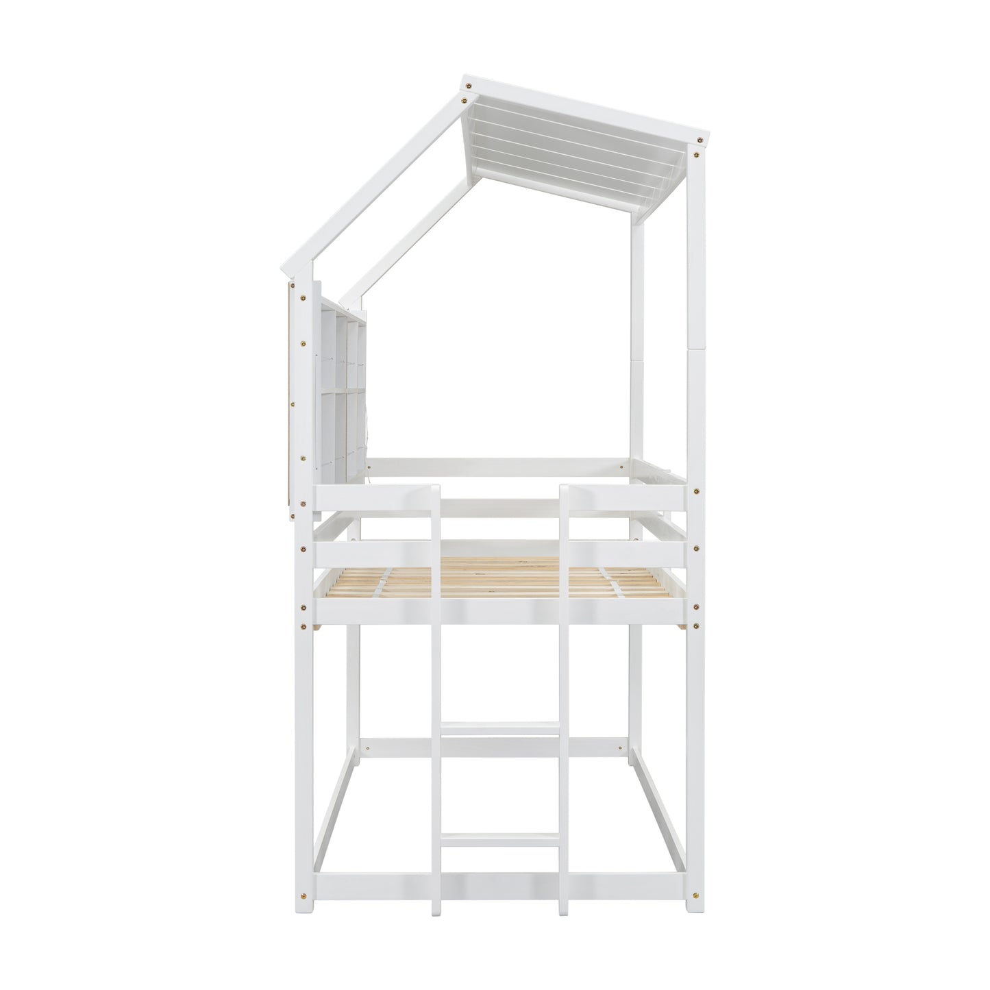 Twin House Loft Bed with Guardrails, Semi-enclosed Roof, Bedside Shelves and Ladder, White