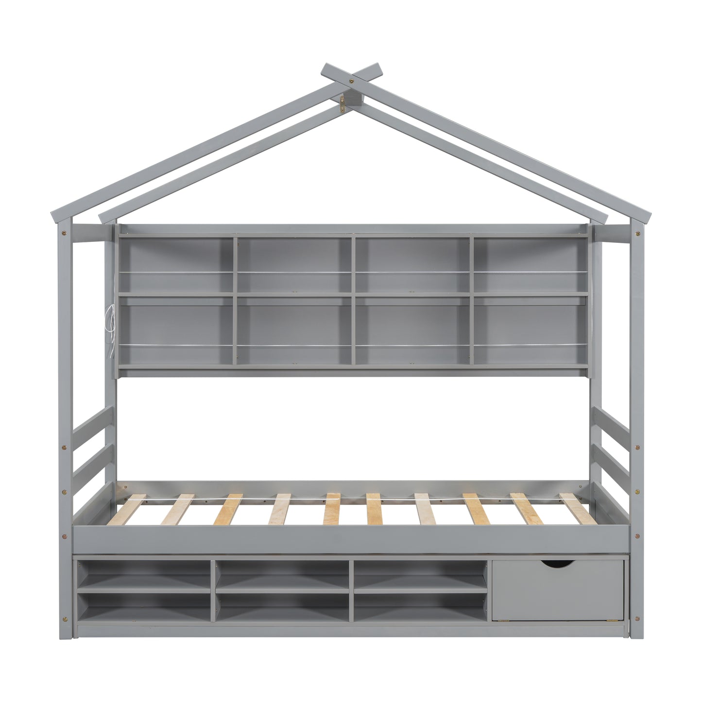 Twin House Bed with Roof Frame, Bedside-shelves, Under Bed Storage Unit,Grey