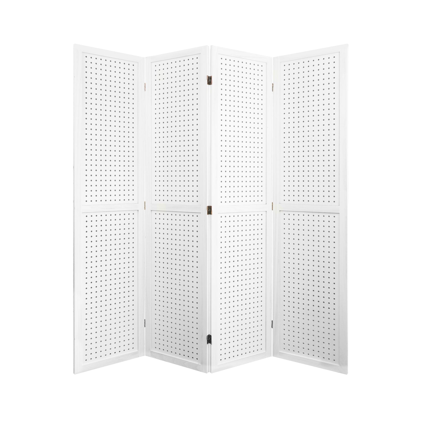 4 Panel Room Divider, 5.6Ft Pegboard Display Wooden Room Divider Folding Privacy Screen Room Divider Freestanding Peg Board Display for Trade Show Craft Show Home Wall Organizer, Elegant White