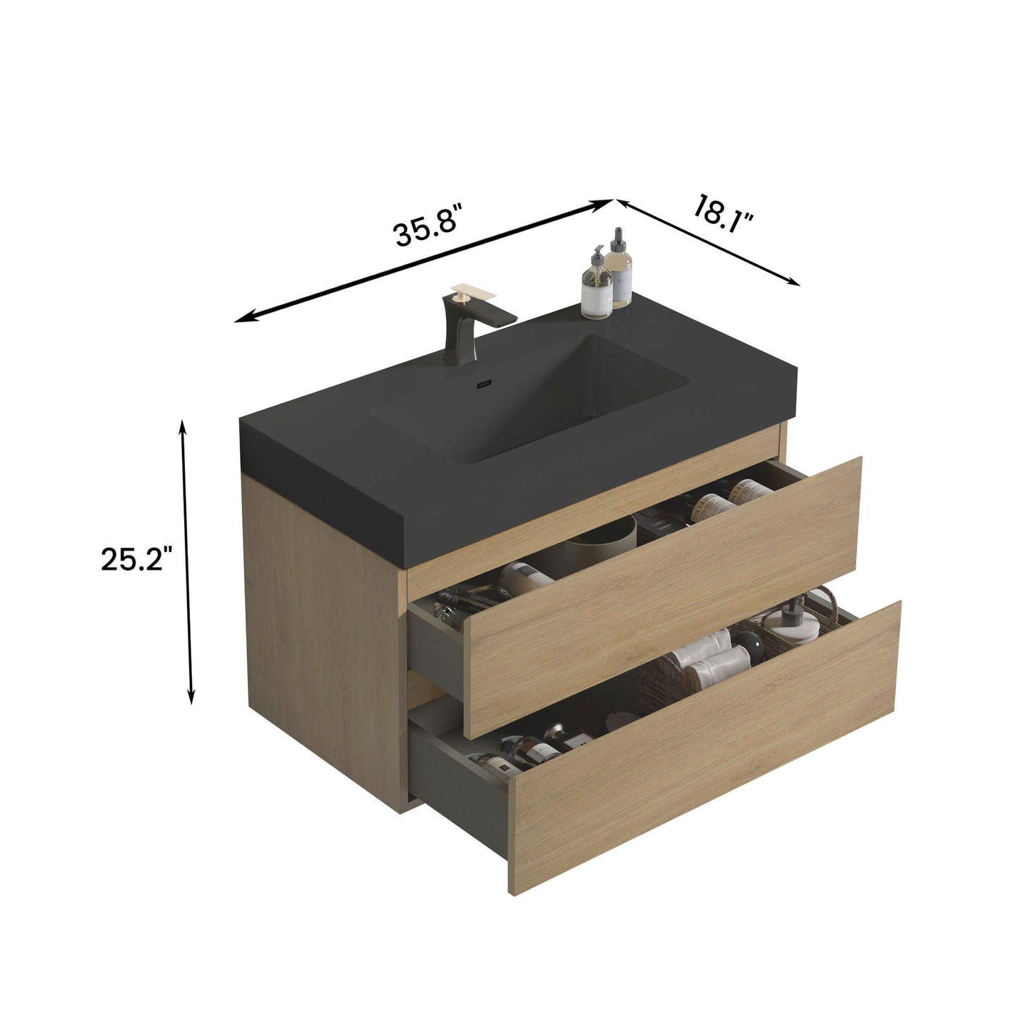 U092-Alice36W-106 Alice 36" Natural oak Bathroom Vanity with Sink, Large Storage Wall Mounted Floating Bathroom Vanity for Modern Bathroom, One-Piece Black Sink Basin without Drain, Pre-assembled