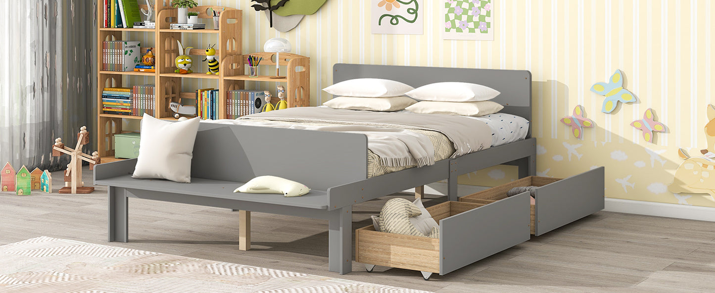 Full Bed with Footboard Bench,2 drawers,Grey