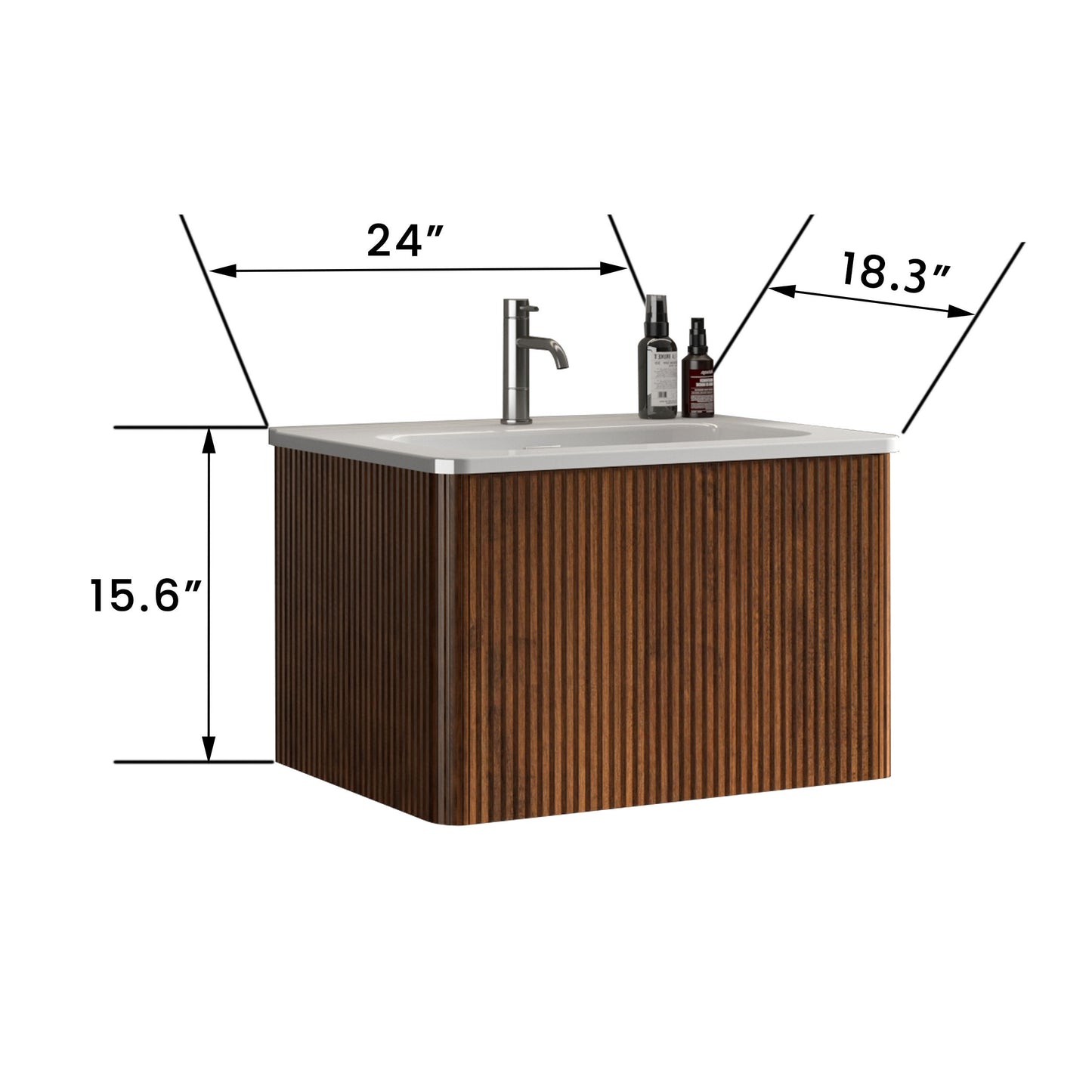 U046-Etna24W-305 Etna 24" Striped Walnut Bathroom Vanity with White Ceramic Sink, Wall Mounted Floating Bathroom Vanity for Modern Bathroom, Pre-assembled