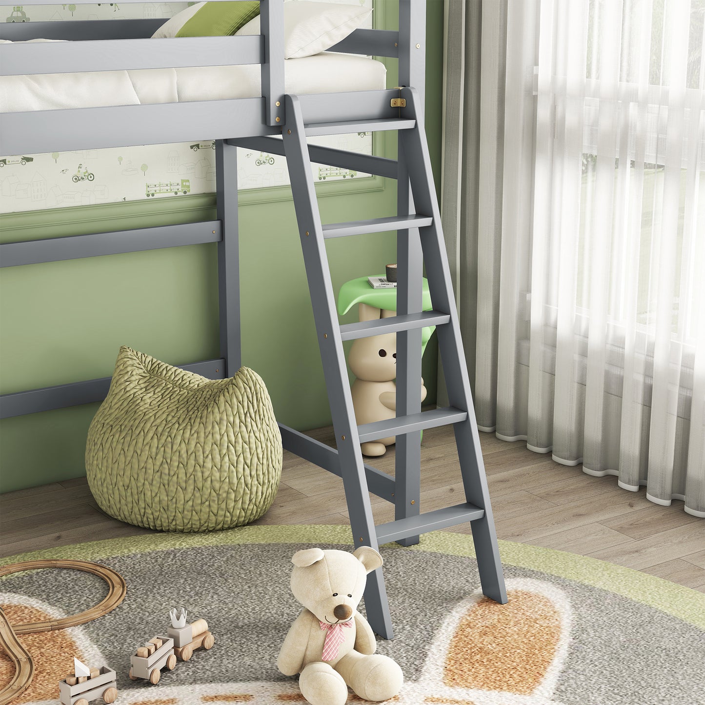 Twin Size High Loft Bed with inclined Ladder, Guardrails,Grey