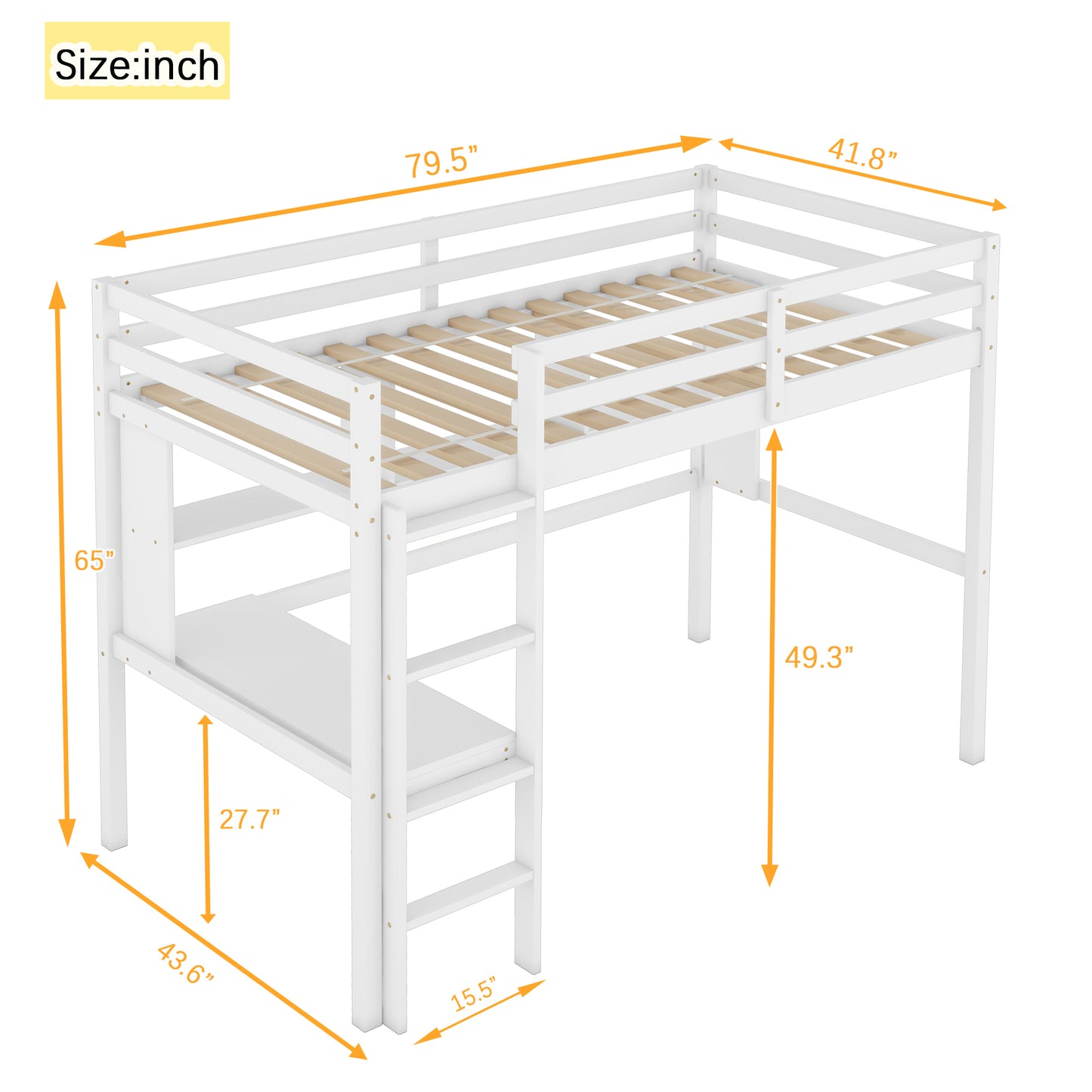 Twin Loft Bed with built-in desk and bookcase of three compartments, Guardrails and Ladder,White