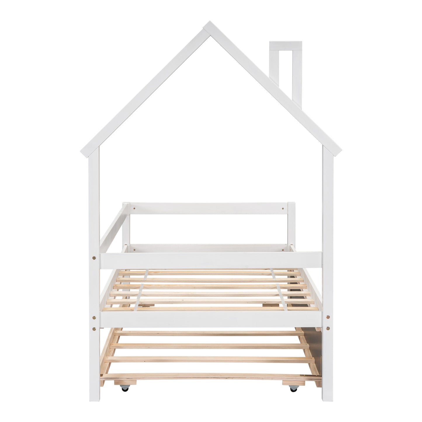 Twin House Wooden Daybed with trundle, Twin House-Shaped Headboard  bed with Guardrails,White