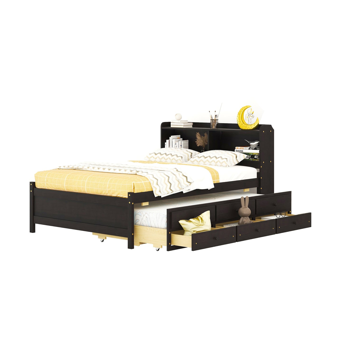 Full Size Bed with USB & Type-C Ports, LED light, Bookcase Headboard, Trundle and 3 Storage Drawers , Full Size Size Bed with  Bookcase Headboard, Trundle and Storage drawers,Espresso