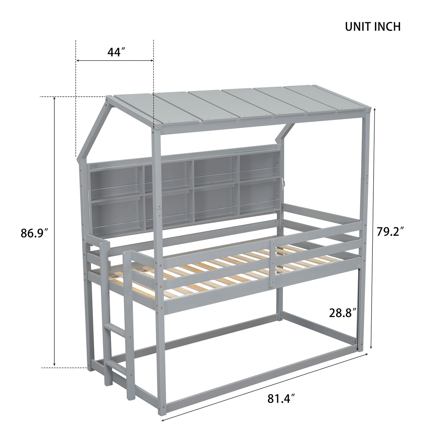 Twin House Loft Bed with Guardrails, Semi-enclosed Roof, Bedside Shelves and Ladder, Grey