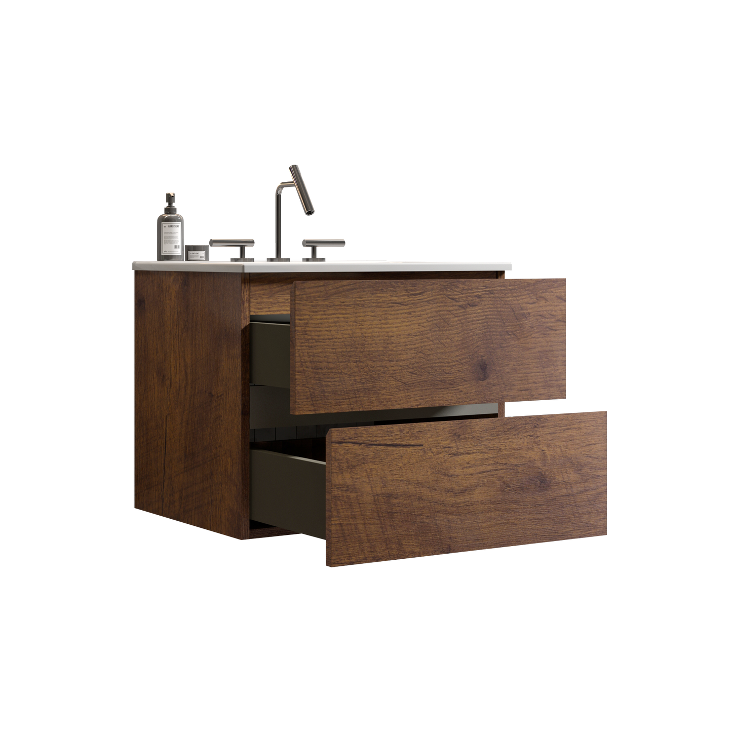 Wall Mount 24" Walnut Bathroom Vanity with Ceramic Sink with three faucet holes, Large Storage Floating Bathroom Vanity for Modern Bathroom, One-Piece Sink Basin without Drain, Pre-assembled