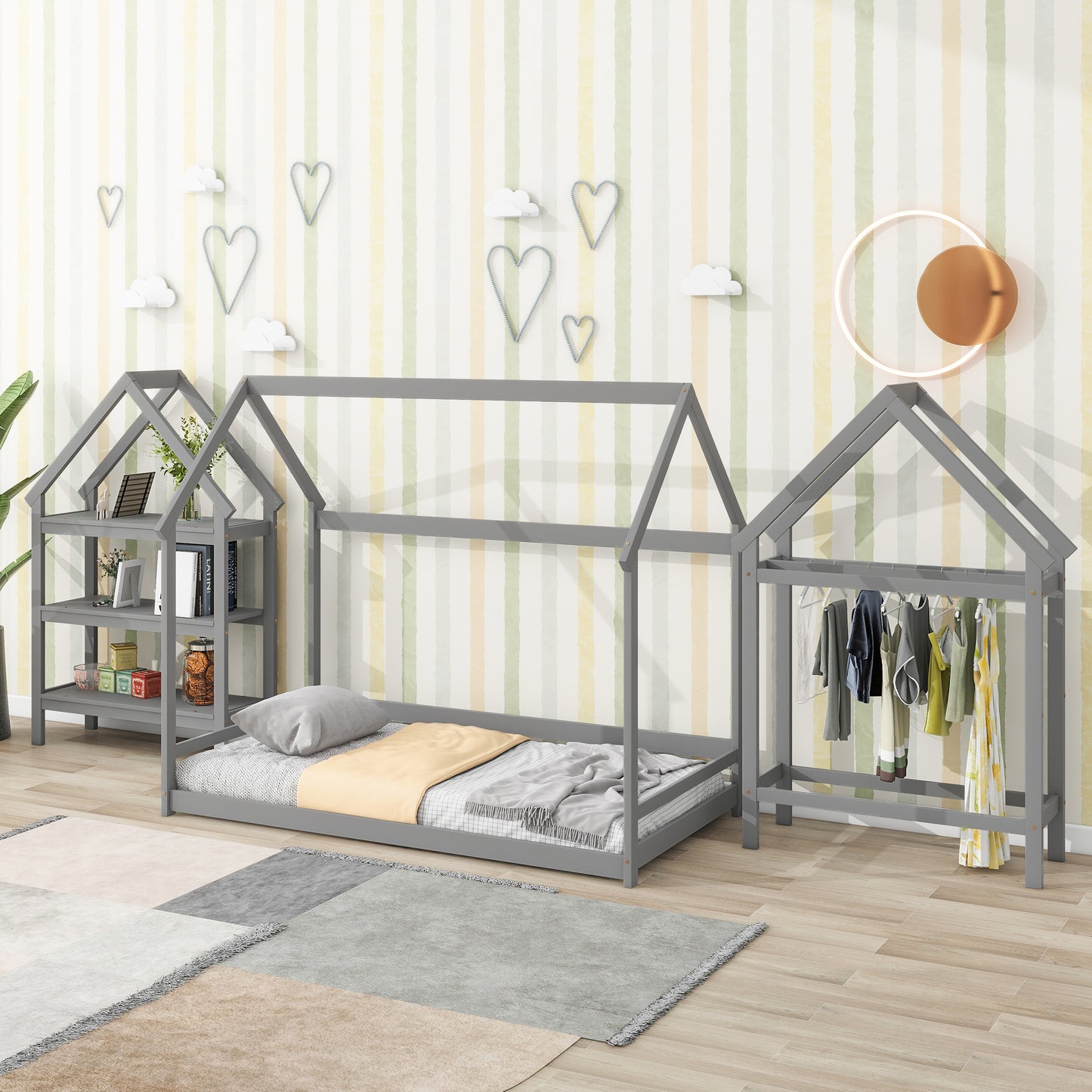 Twin size wood house bed with storage shelf and hanger ,kids bedroom set,Grey