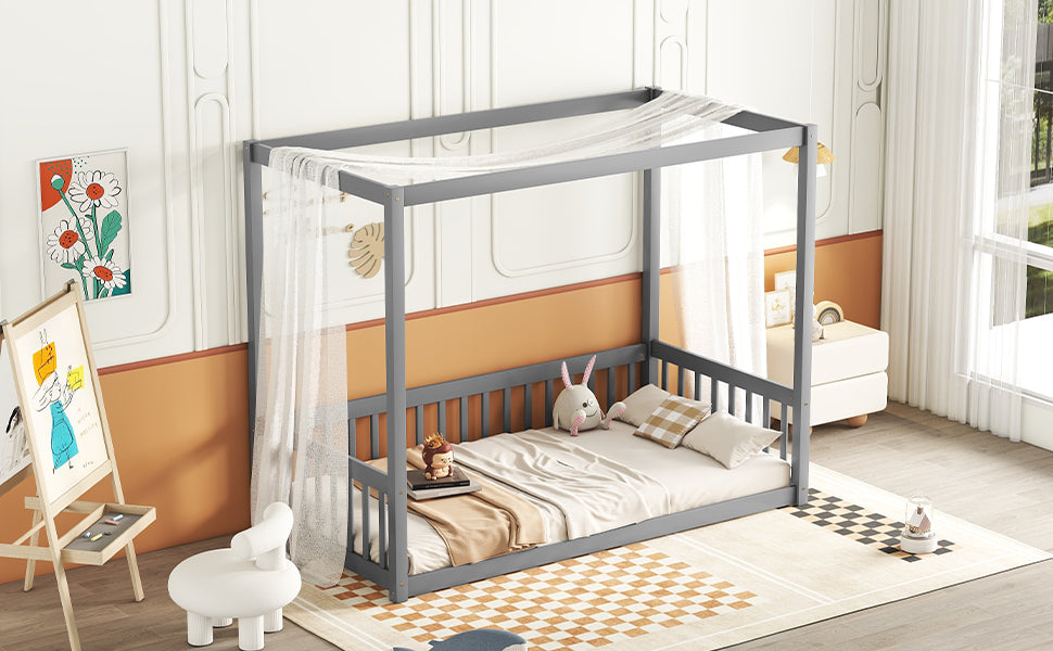 Twin Size Canopy Frame Floor Bed with Fence, Guardrails,Grey