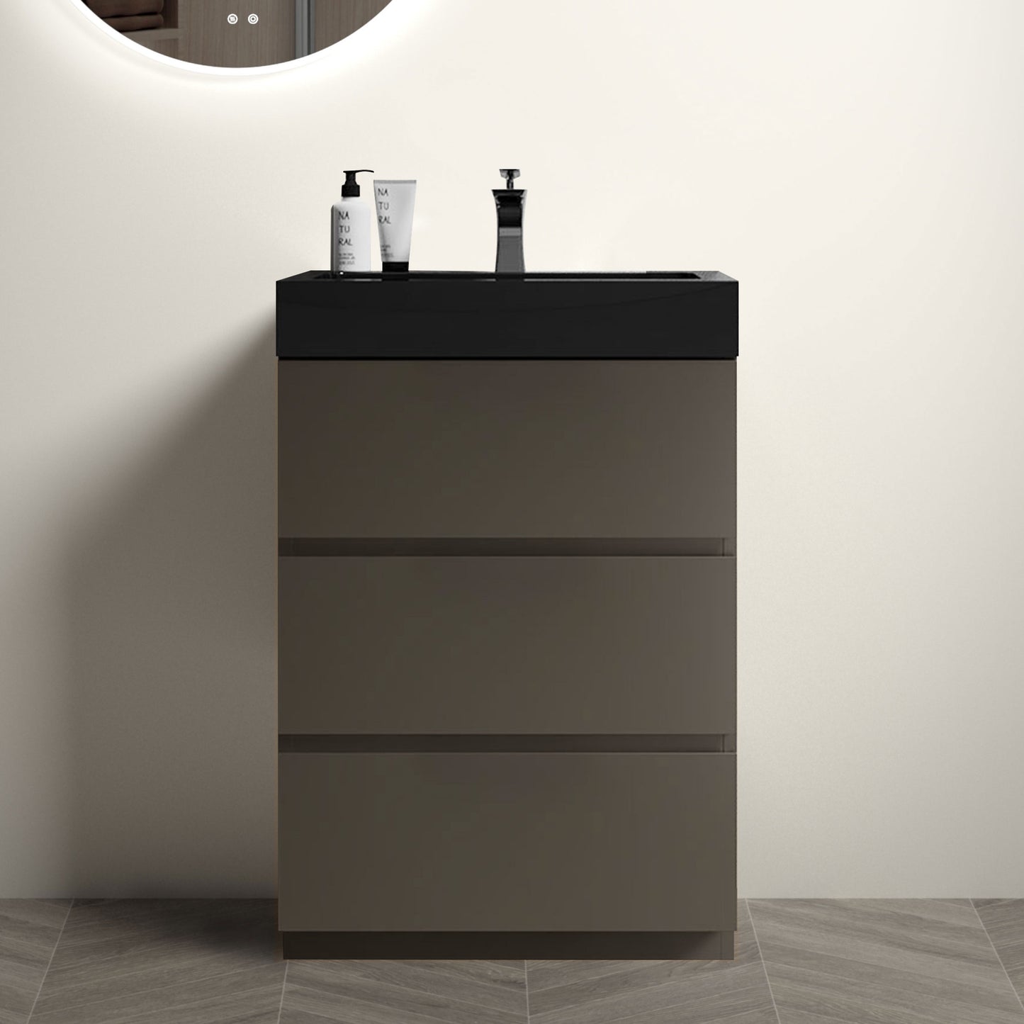 Alice 24" Gray Bathroom Vanity with Sink, Large Storage Freestanding Bathroom Vanity for Modern Bathroom, One-Piece Black Sink Basin without Drain and Faucet, Pre-assembled