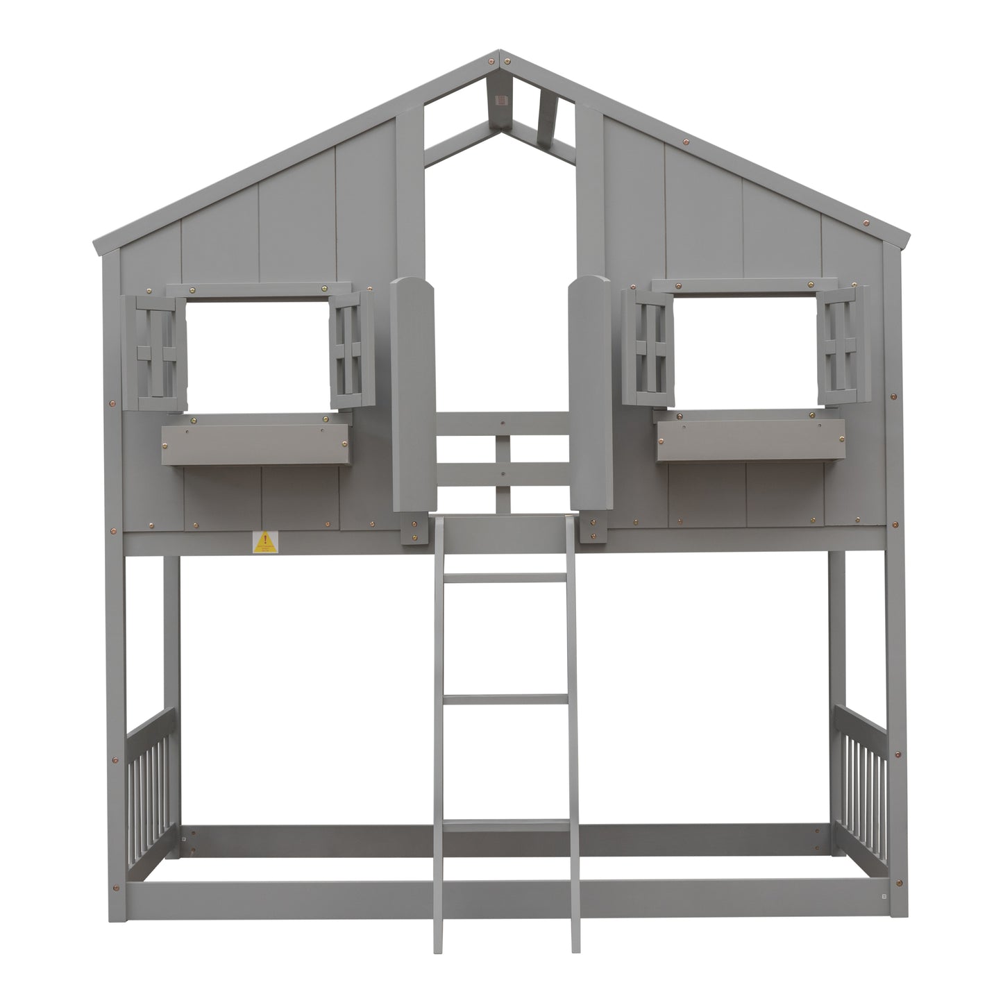 Twin over Twin House Bunk Bed with Roof , Window, Window  Box, Door , with Safety Guardrails and Ladder, Grey