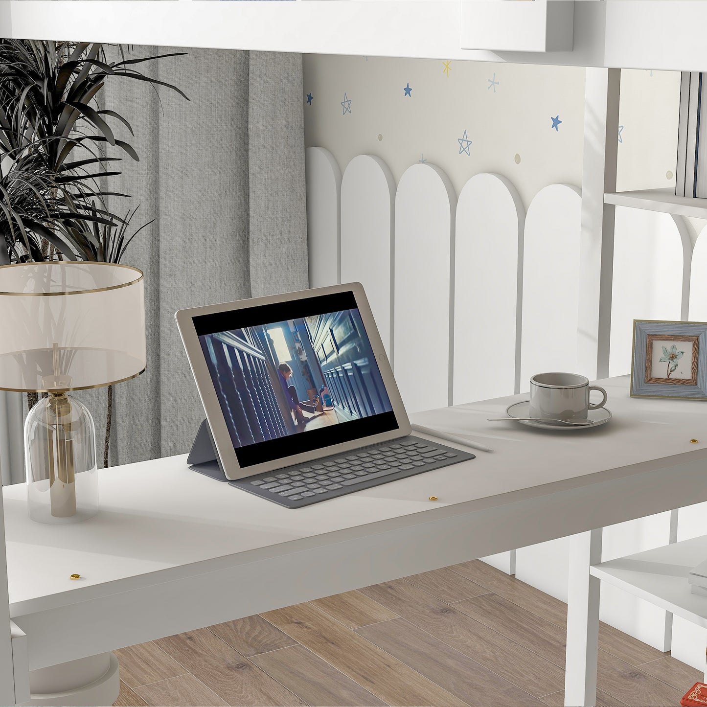 Full Loft Bed with Desk and Shelves,White