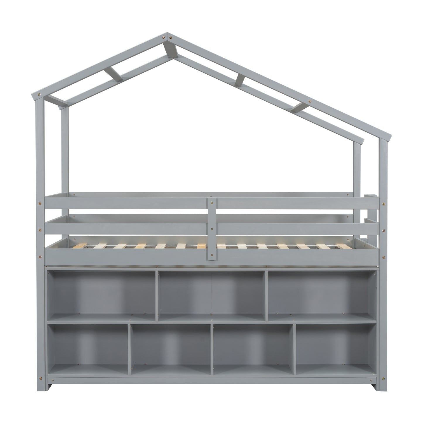 Twin House Loft Bed with Roof Frame, Under Bed Shelving Storage Unit, Guardrails, Ladder,Grey