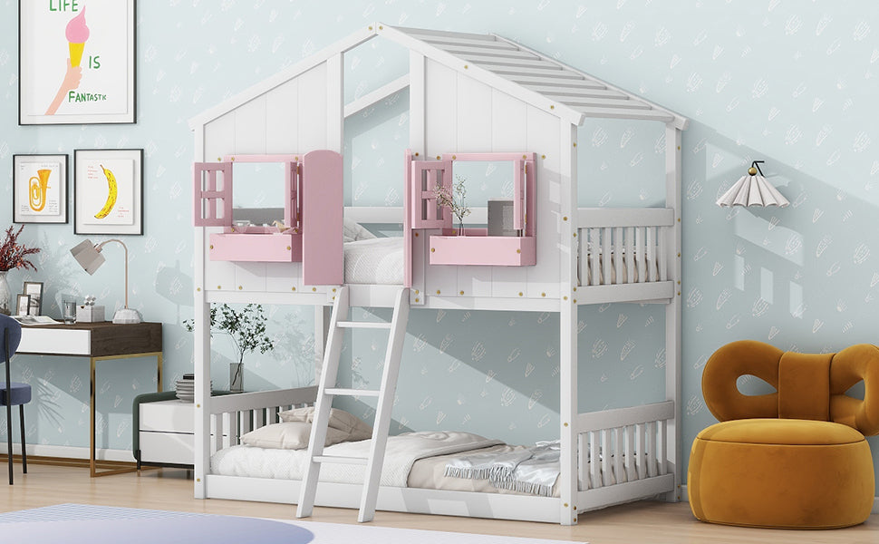 Twin over Twin House Bunk Bed with Roof , Window, Window  Box, Door , with Safety Guardrails and Ladder, Pink/White