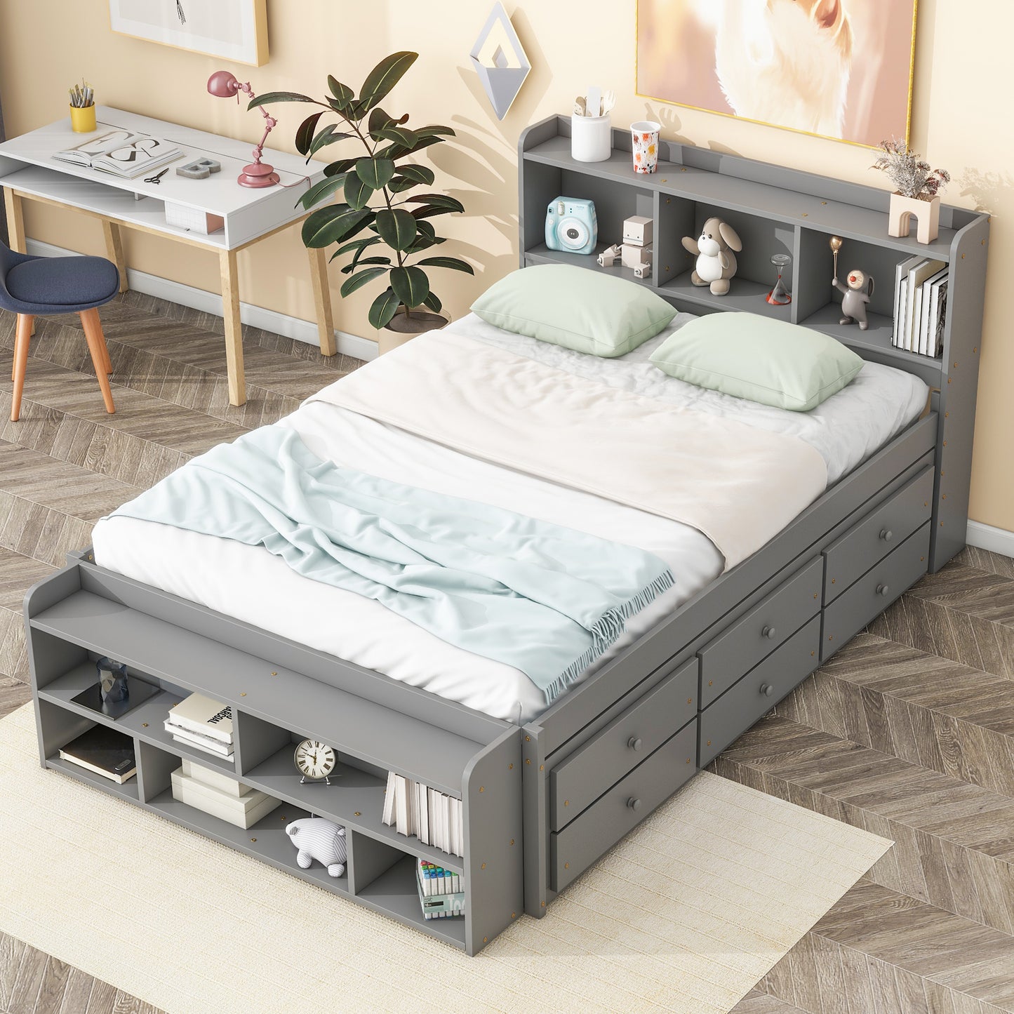 Full Bed with Bookcase Headboard, Under bed Storage Drawers and Bed End Storage Case,Grey