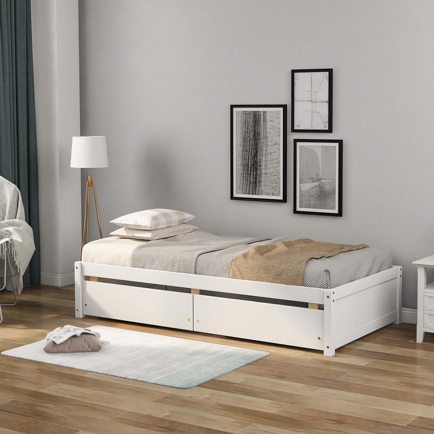 Twin Bed with 2 Drawers, Solid Wood, No Box Spring Needed ,(Old SKU:W50422209)