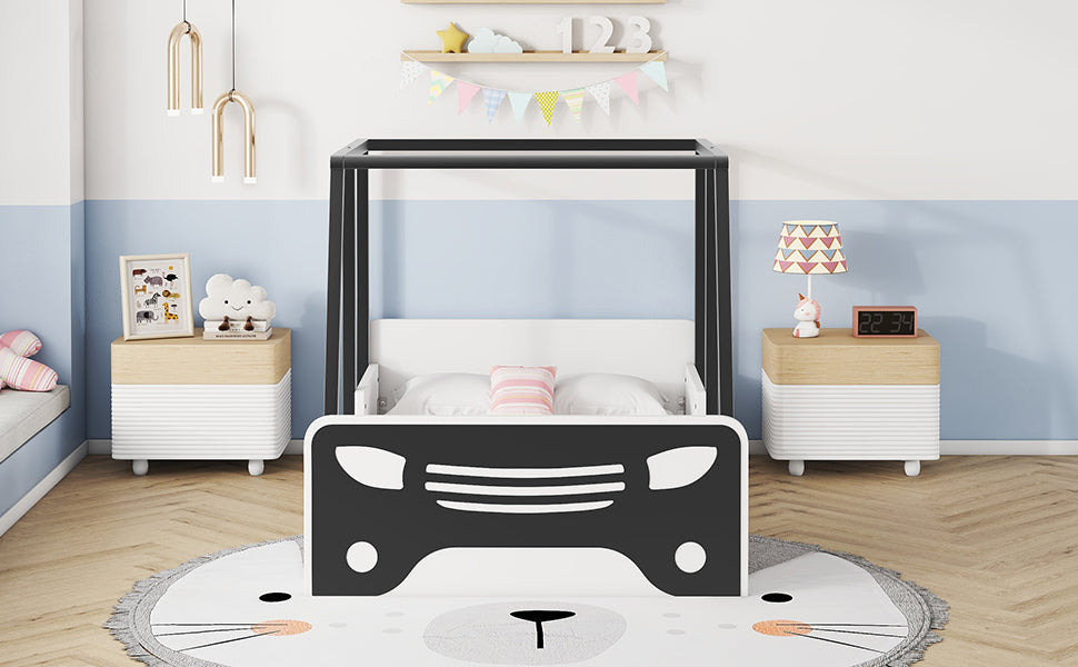 Twin Size Car-shaped Bed with Roof,Wooden Twin Floor Bed with wheels and door Design,Montessori Inspired Bedroom,Black