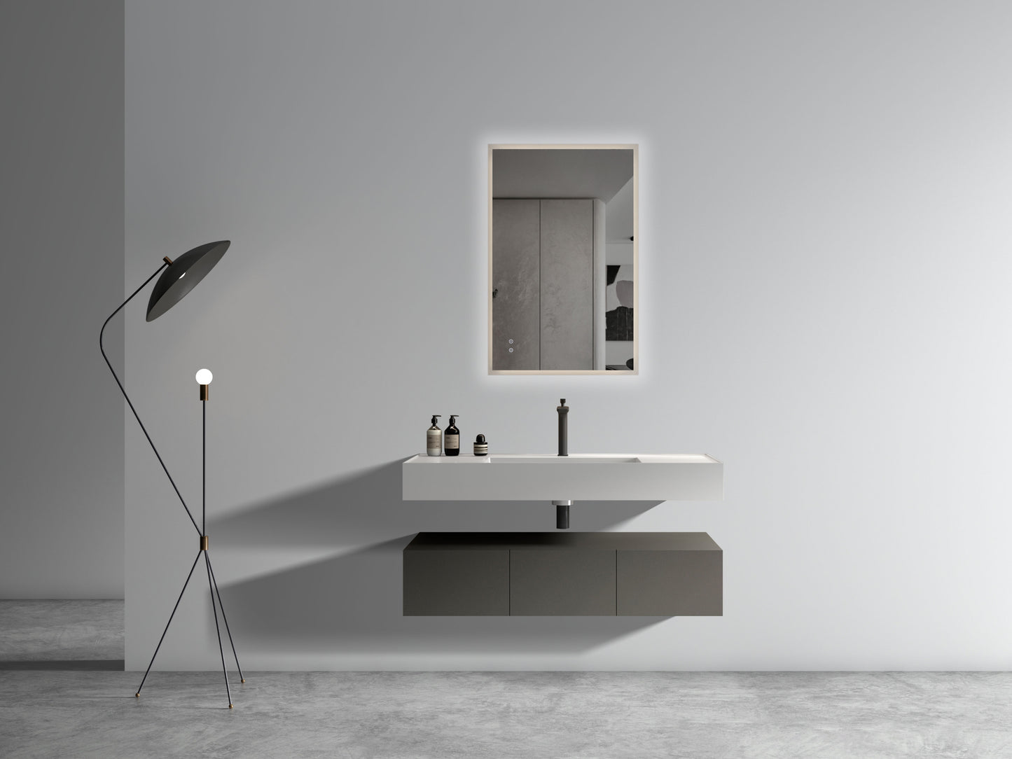 U064-Flora48W-102 Floating Bathroom Sink with Storage Cabinet, Space Gray Wall-mounted Basin with Cabinet with 3 Soft Close Doors