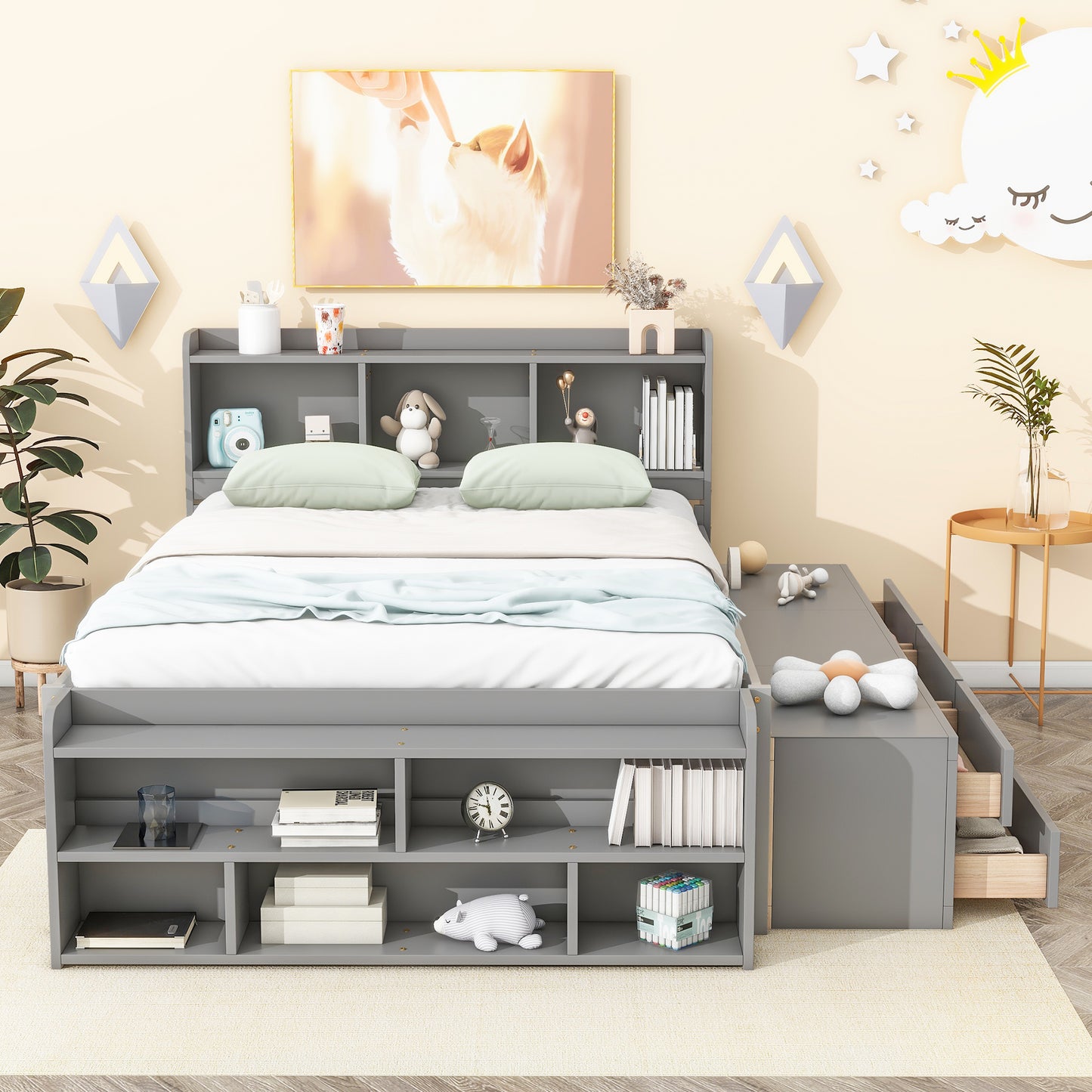 Full Bed with Bookcase Headboard, Under bed Storage Drawers and Bed End Storage Case,Grey