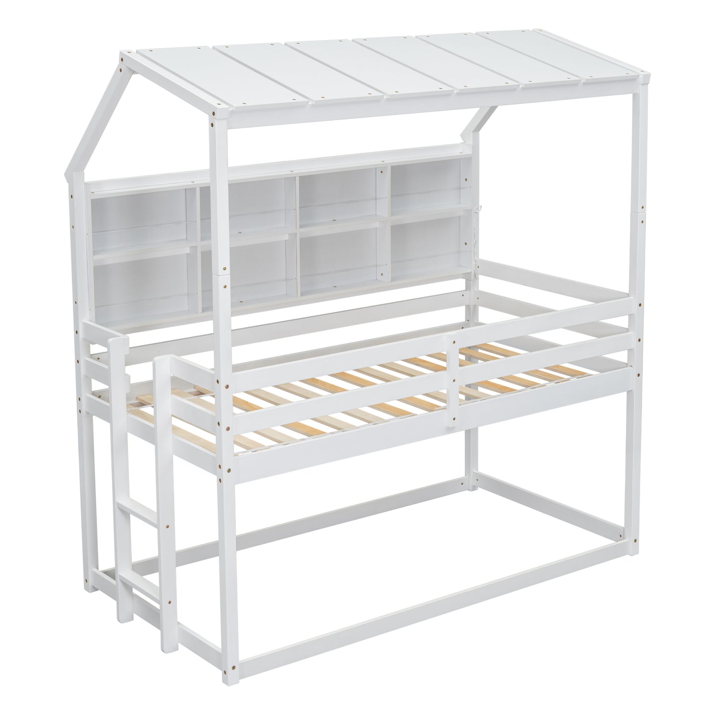 Twin House Loft Bed with Guardrails, Semi-enclosed Roof, Bedside Shelves and Ladder, White