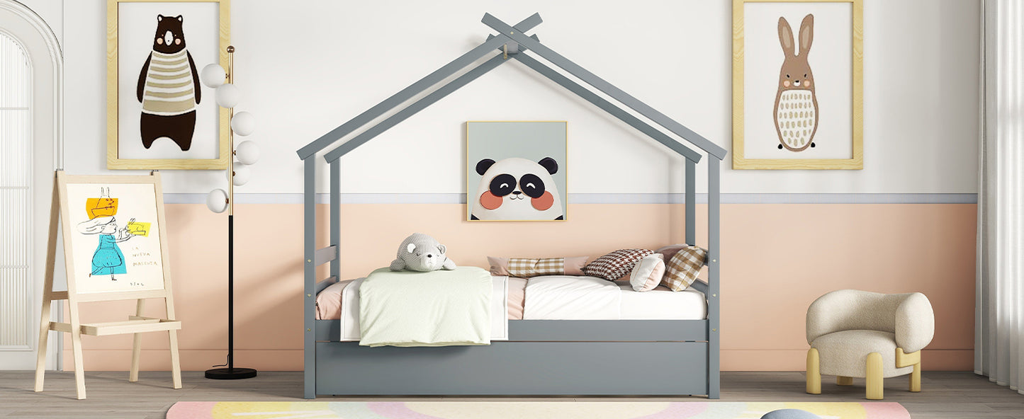 Twin Size  House-shaped Bed with Trundle,Grey